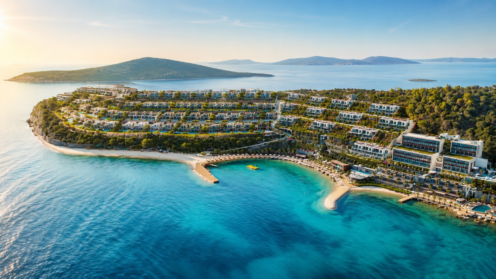 Residential complex with apartments and villas featuring a private beach and panoramic sea views