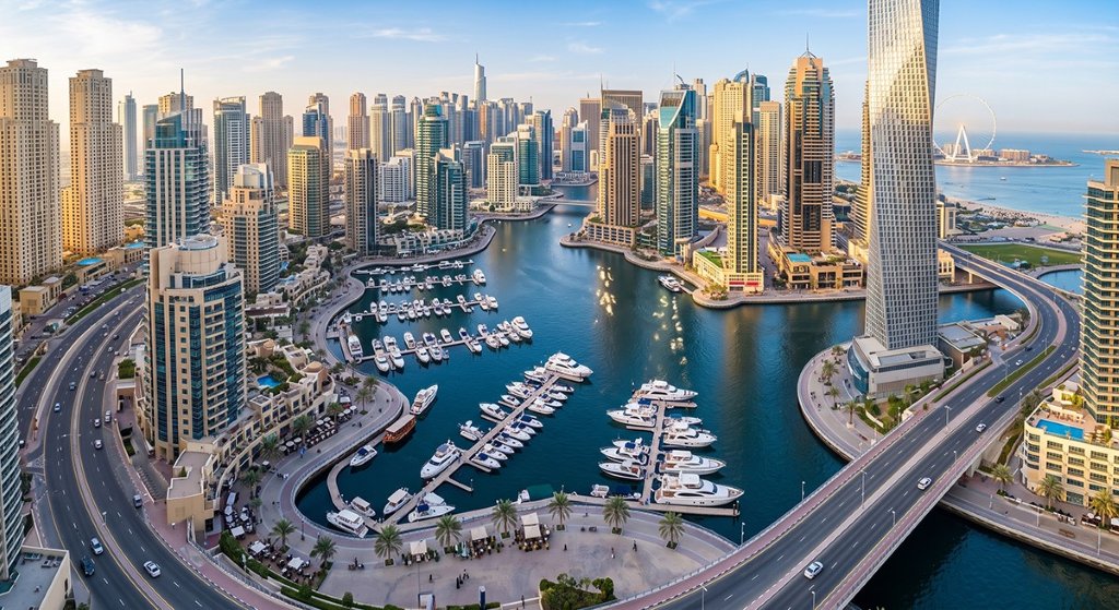 Dubai Marina bölgesindeki lüks yüksek katlı binalar ve yatlar.
