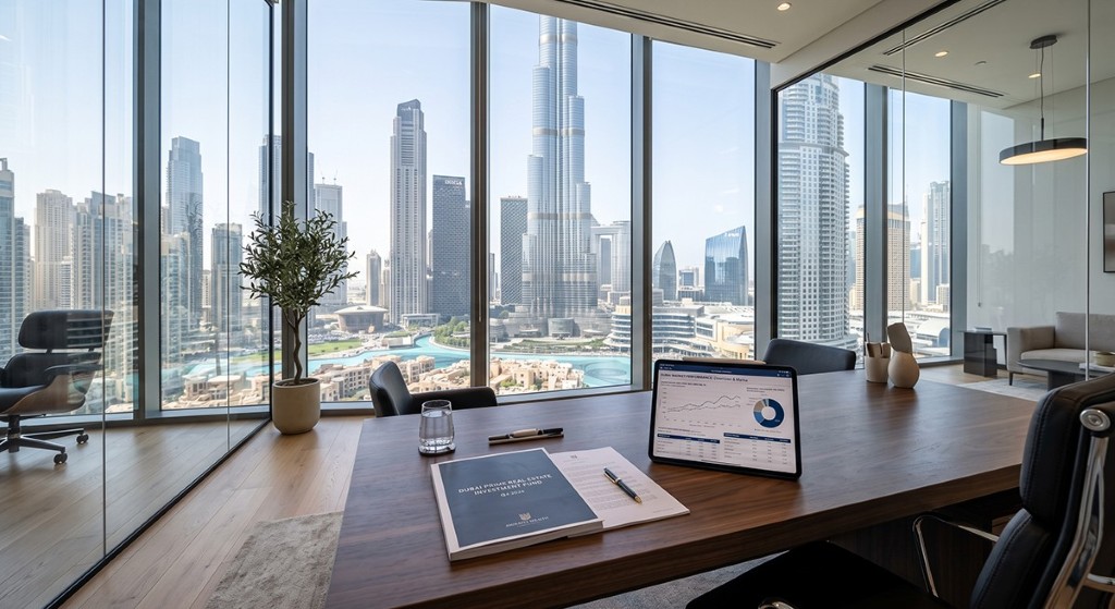 Downtown Dubai manzaralı Umbrella Group gayrimenkul acentesi ofisi.