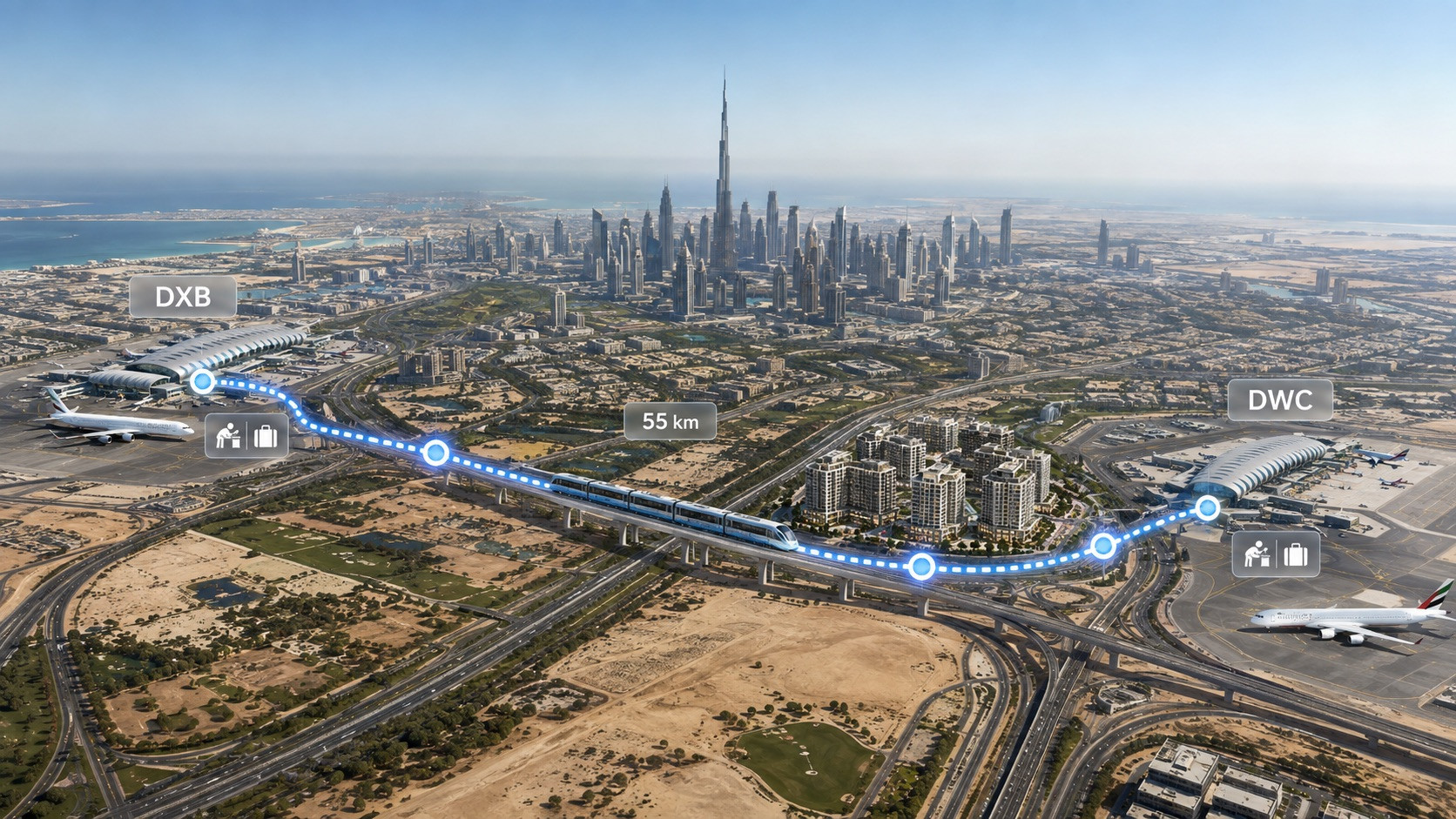 Proposed Dubai Airport Express metro line connecting DXB and DWC