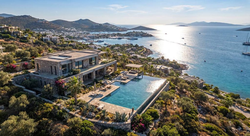 Türkiye, Bodrum, Yalıkavak'ta özel havuzlu lüks beyaz taş villa.