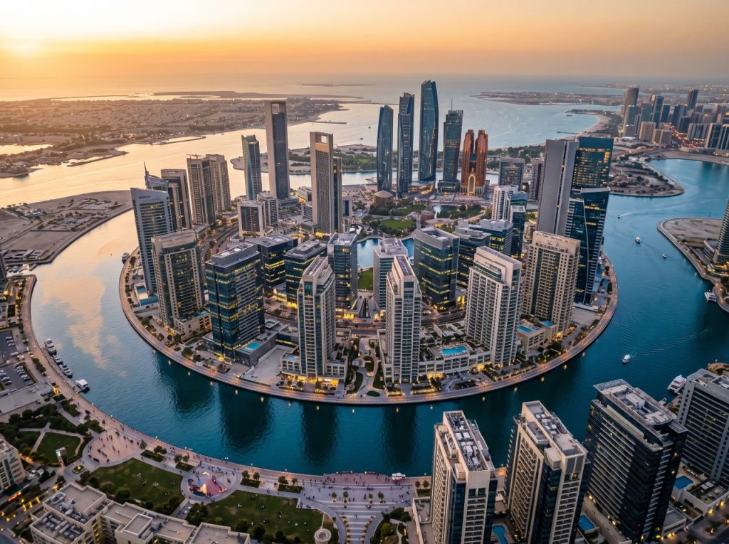 Abu Dabi'de modern kuleler ve kanallara sahip Al Reem iş bölgesinin panoraması"