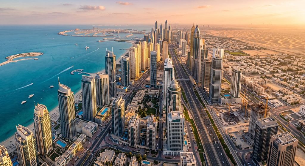 Aerial view of modern residential skyscrapers in Dubai