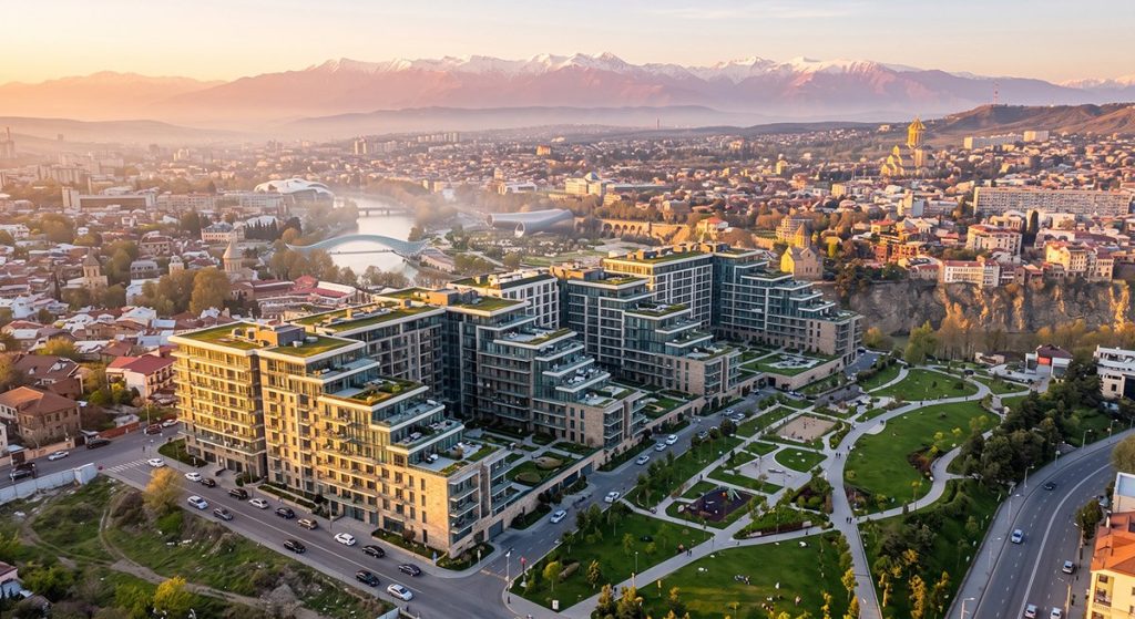 Tiflis'te şehir ve dağ manzaralı modern konut projesi