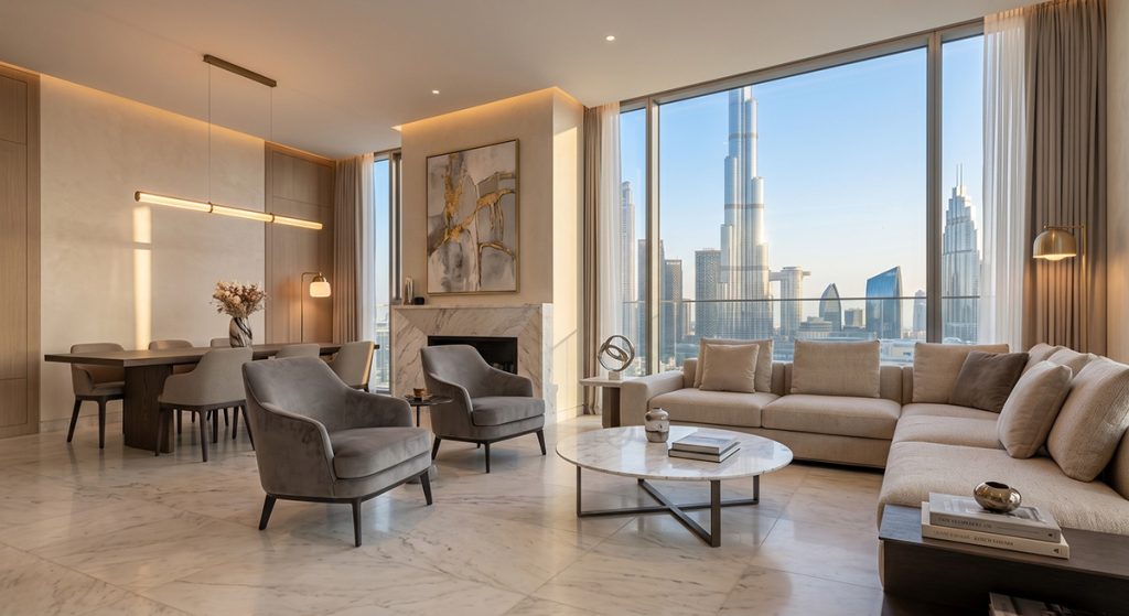 Panoramik Burç Halife manzaralı lüks Dubai dairesinin iç mekanı