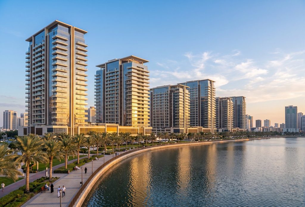 Şarika'da lagün ve şehir silüeti manzaralı modern daireler